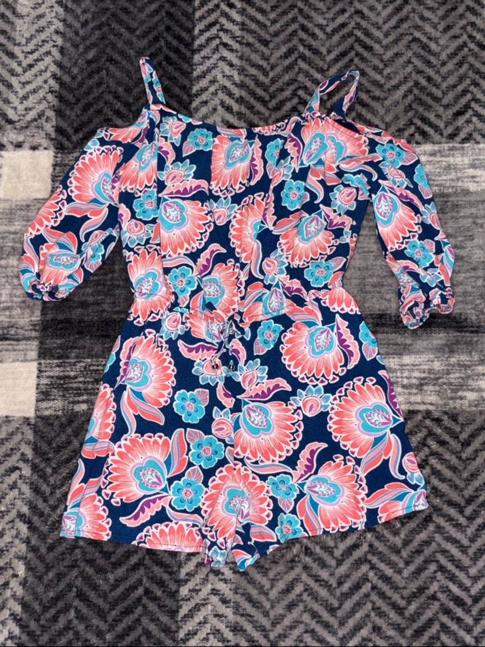 Iz Byer Navy Floral Cold-Shoulder Romper with Pink & Aqua Print